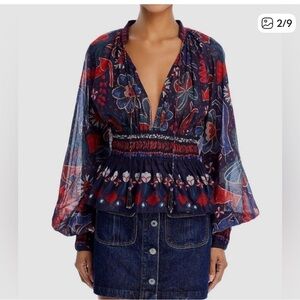 FARM Rio Navy and Red Floral Smocked Peasant Top